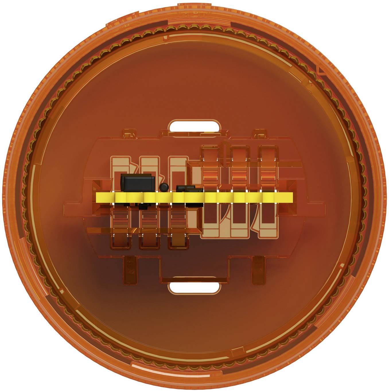 Draufsicht auf ein oranges kreisförmiges elektronisches Bauteil mit einer zentralen Leiterplatte und einem gelben Steckerstreifen.