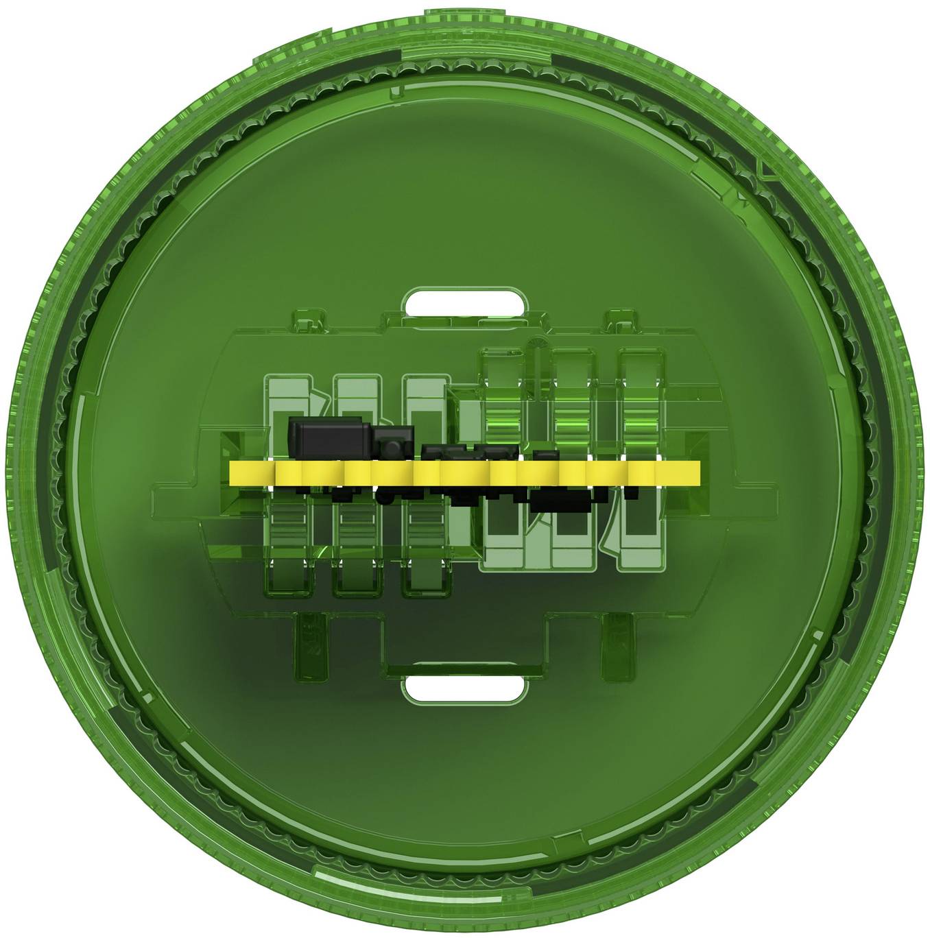 Draufsicht auf eine grüne kreisförmige mechanische Komponente mit einem gelben horizontalen Balken in der Mitte, gezeigt auf weißem Hintergrund.