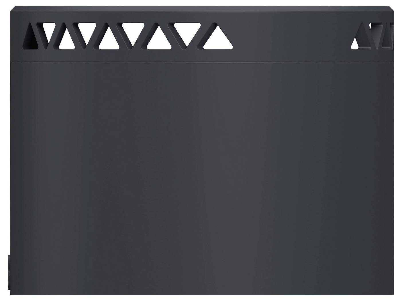 Boîtier métallique rectangulaire gris foncé avec des découpes de ventilation triangulaires le long du bord supérieur et un panneau avant lisse.