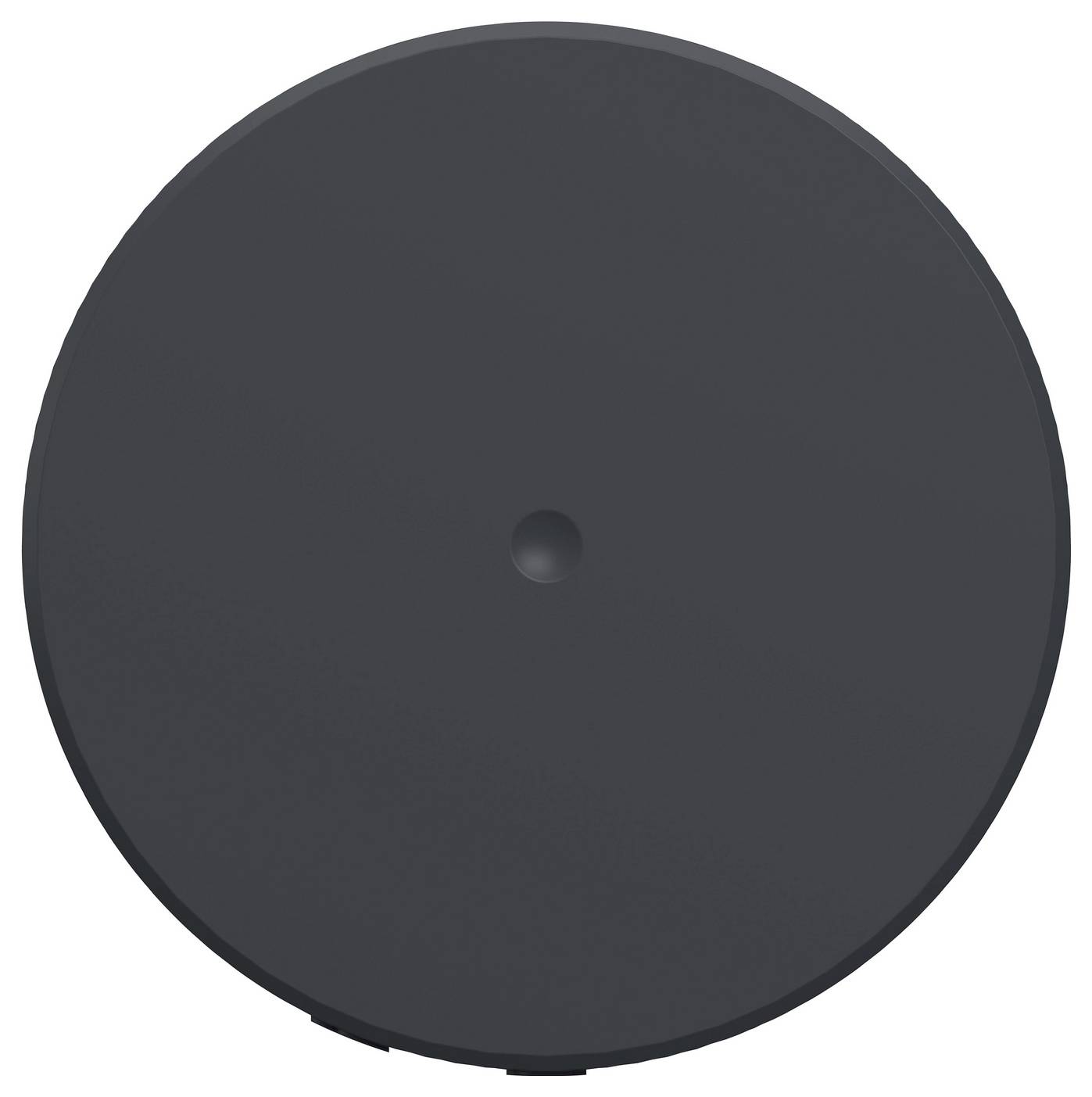 Appareil circulaire de couleur gris foncé en forme de rondelle avec un petit bouton ou capteur central sur un fond blanc uni.