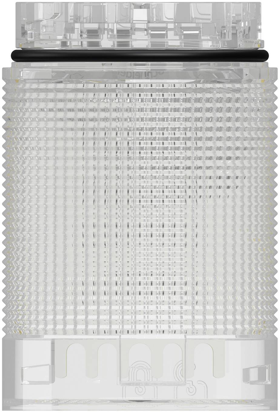 Nahaufnahme eines durchsichtigen gerippten zylindrischen Kunststoffbauteils mit einem schwarzen Ring und transparentem Oberteil und Boden.