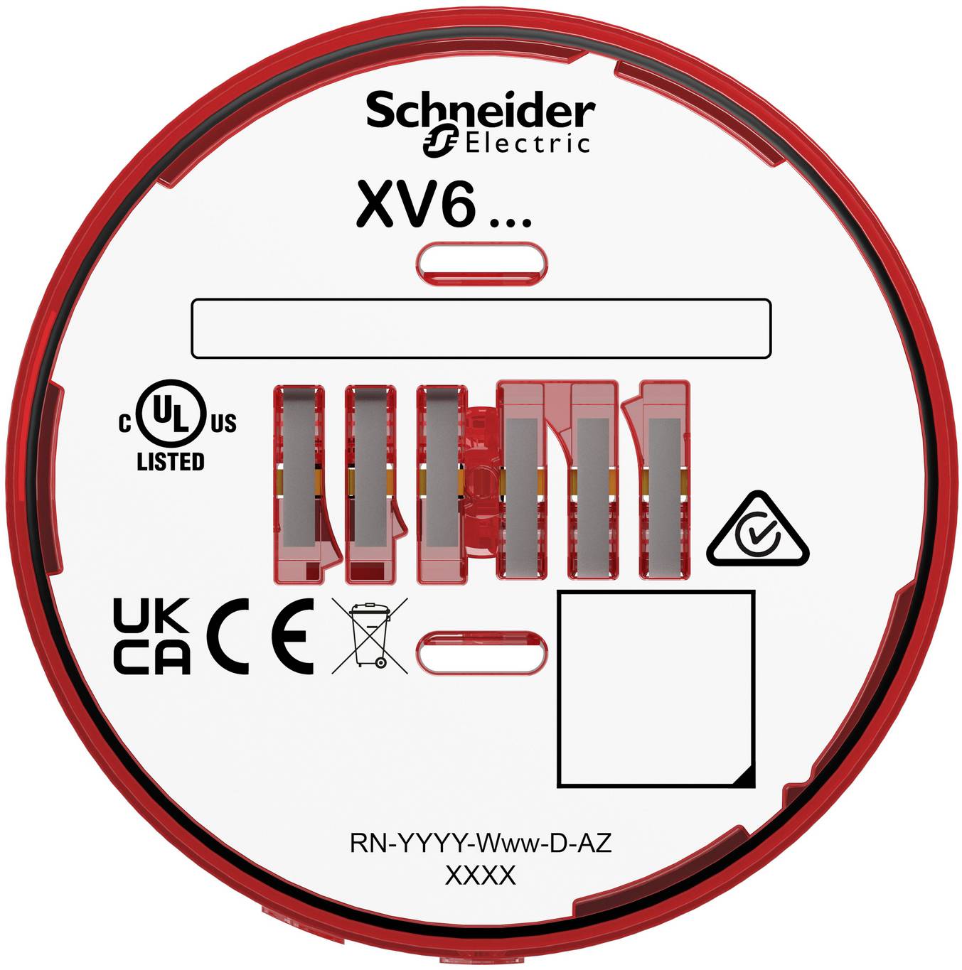 Schneider Electric XV6 rundes rot-weißes Produktetikett mit Zertifizierungszeichen, leeren Feldern und Teilecode RN-YYYY-Www-D-AZ XXXX.