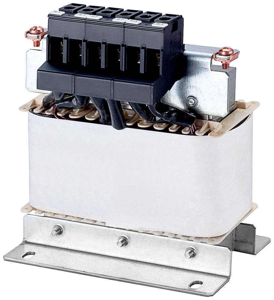 Transformateur électrique avec bloc de bornes noir, monté sur une base métallique avec des connexions de câblage visibles.
