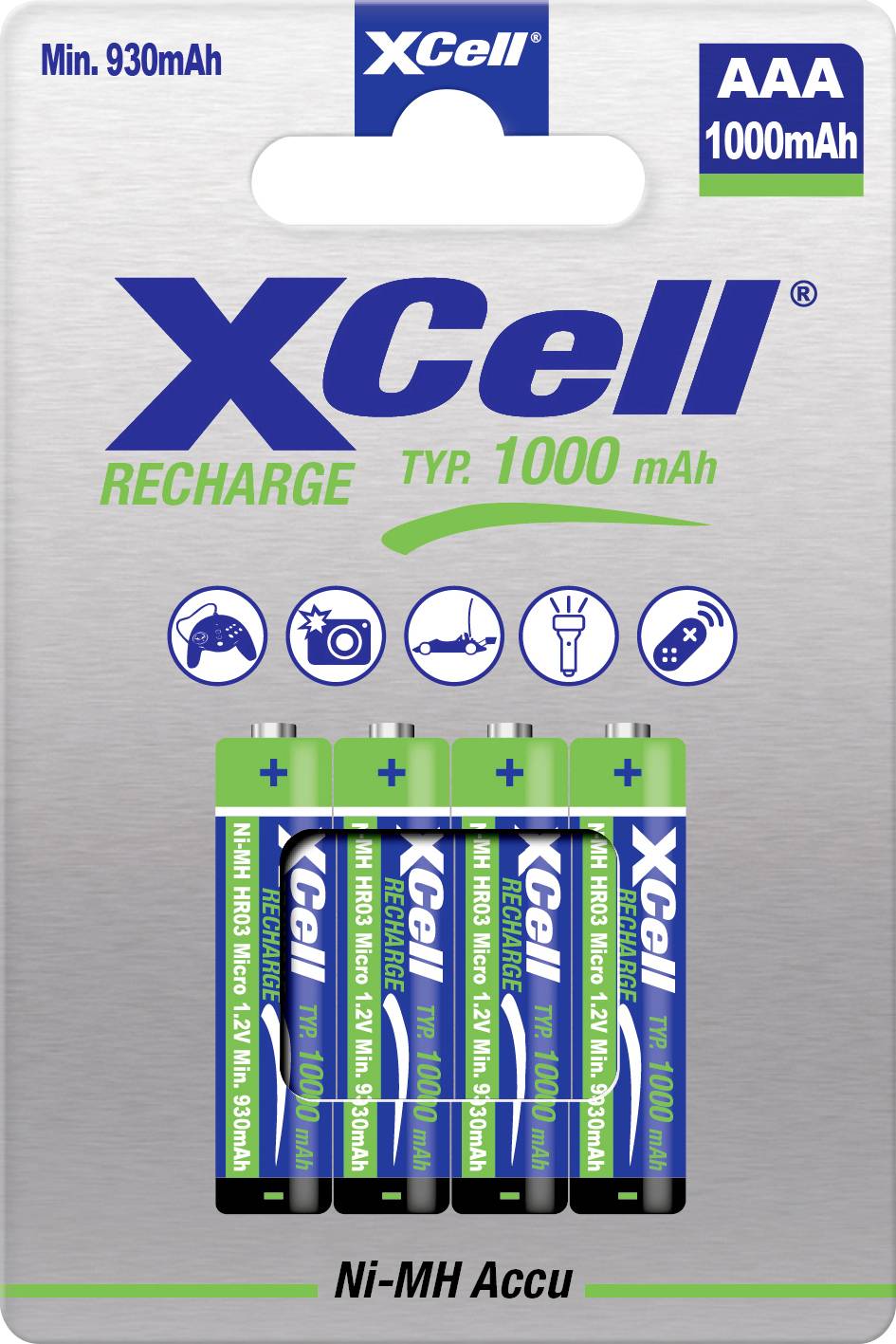 Paquet de batteries XCell rechargeables AAA Ni-MH, montrant 4 batteries et une capacité de 1000 mAh, avec un minimum de 930 mAh noté.