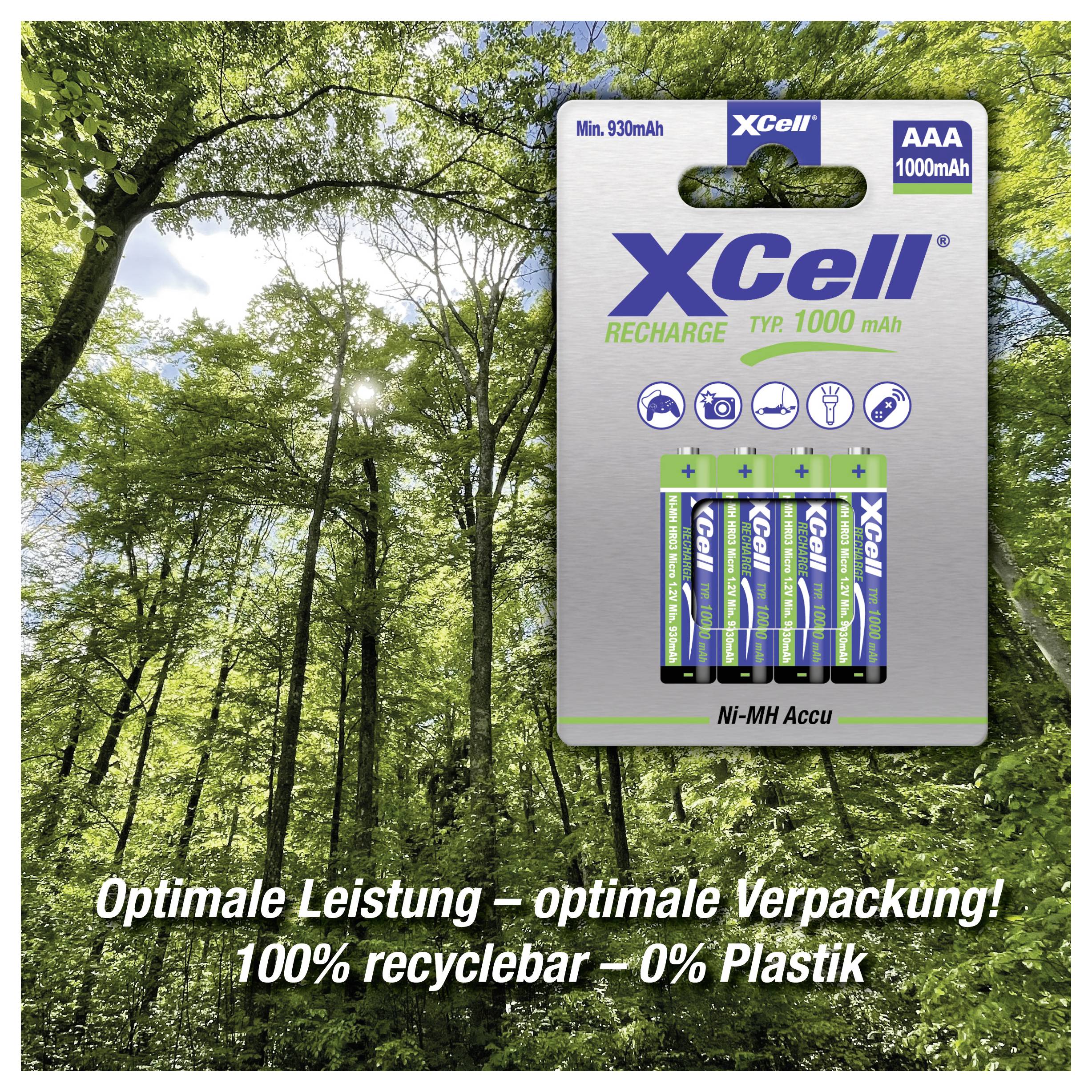 Lot de batterie rechargeable Ni-MH XCell AAA présenté sur un fond de forêt, avec du texte allemand promouvant un emballage optimal et 100% recyclable, 0% plastique.