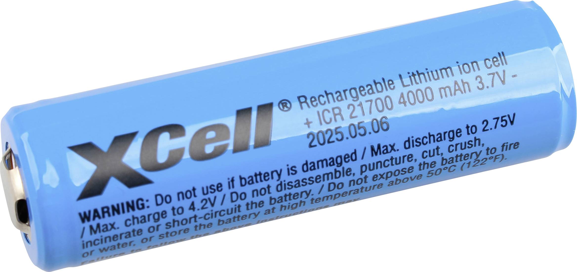 Batterie rechargeable au lithium-ion Blue Xcell étiquetée 21700, 4000 mAh, 3,7V, avec du texte d'avertissement imprimé sur la cellule.