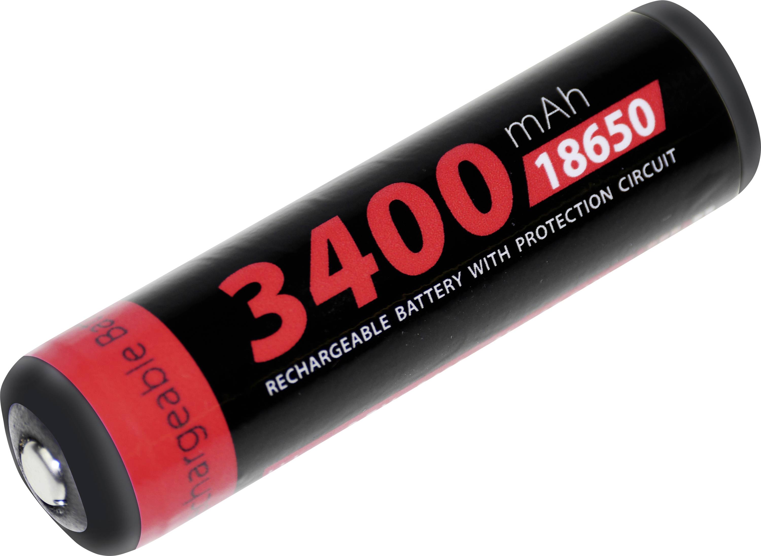 Batterie rechargeable noire 18650 étiquetée « 3400 mAh » avec circuit de protection, présentée en gros plan sur fond blanc.