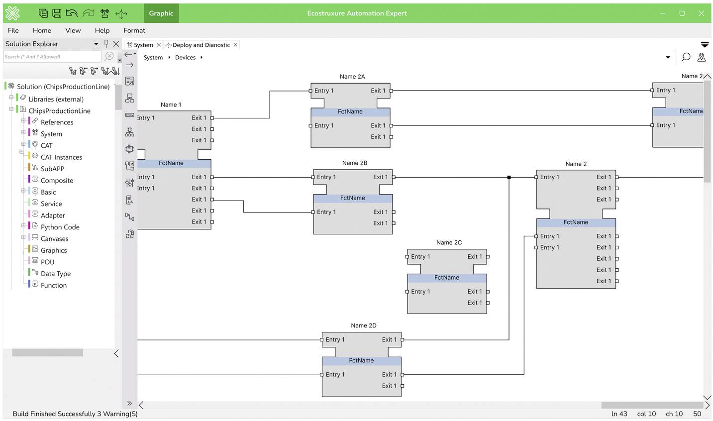 Screenshot of an automation/block-diagram editor showing several connected function blocks and modules linked by lines in a system flow