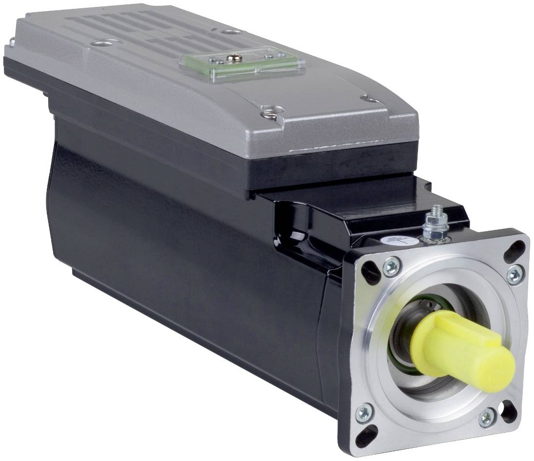 Industrieller Servomotor mit gelbem Wellenkopf und quadratischem Montageflansch auf weißem Hintergrund