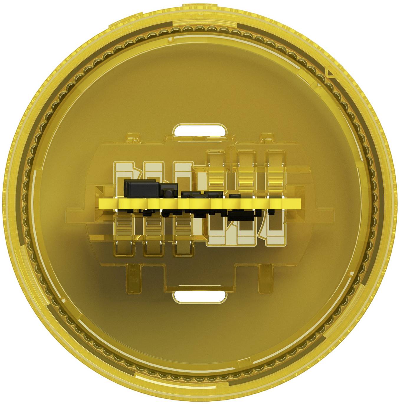 Draufsicht auf ein gelbes kreisförmiges Gerät oder einen Deckel mit einem zentralen schwarzgelben Balken und durchscheinenden internen Komponenten.
