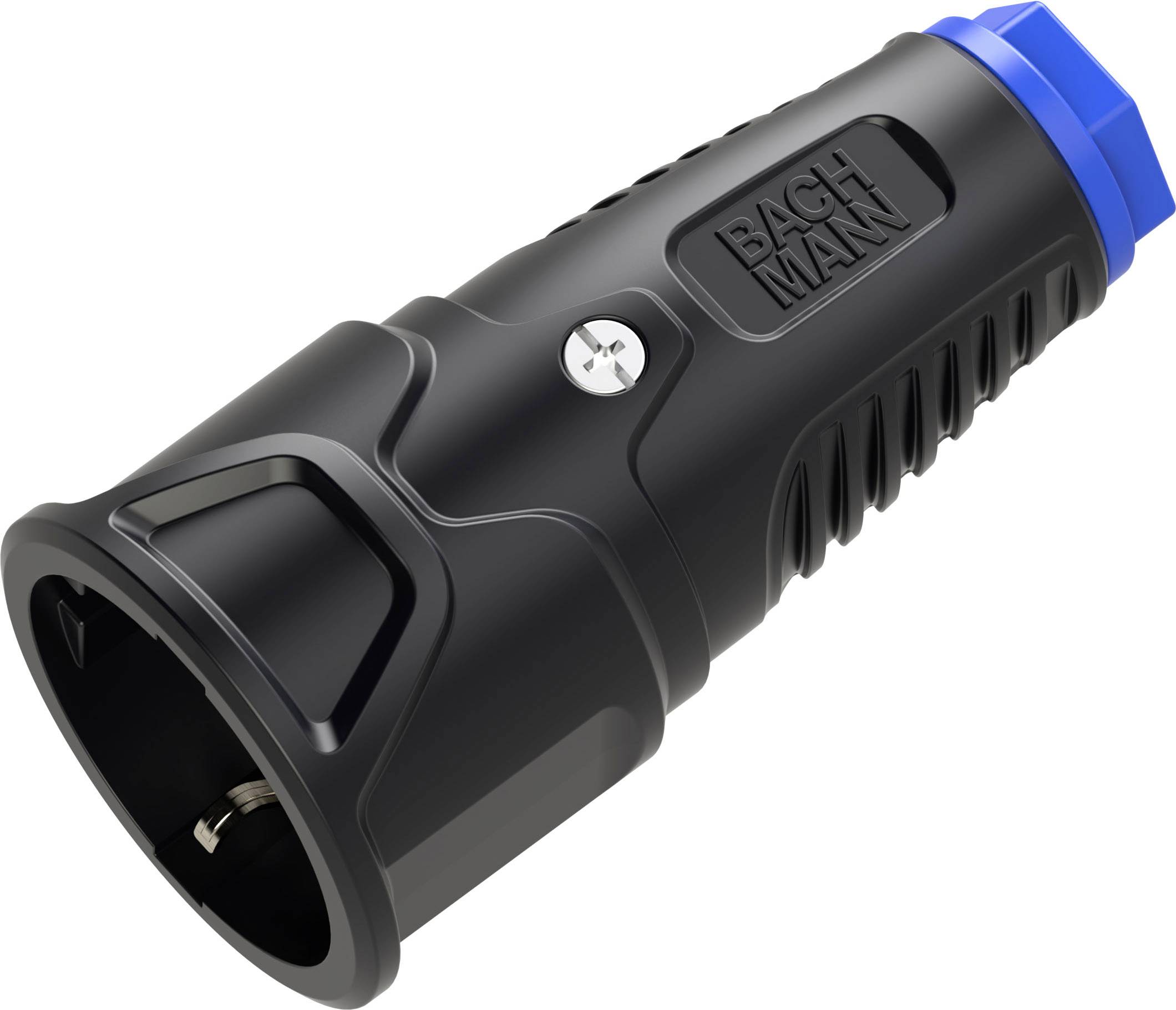 Black and blue Backman electrical plug connector with a threaded end, shown on a white background.