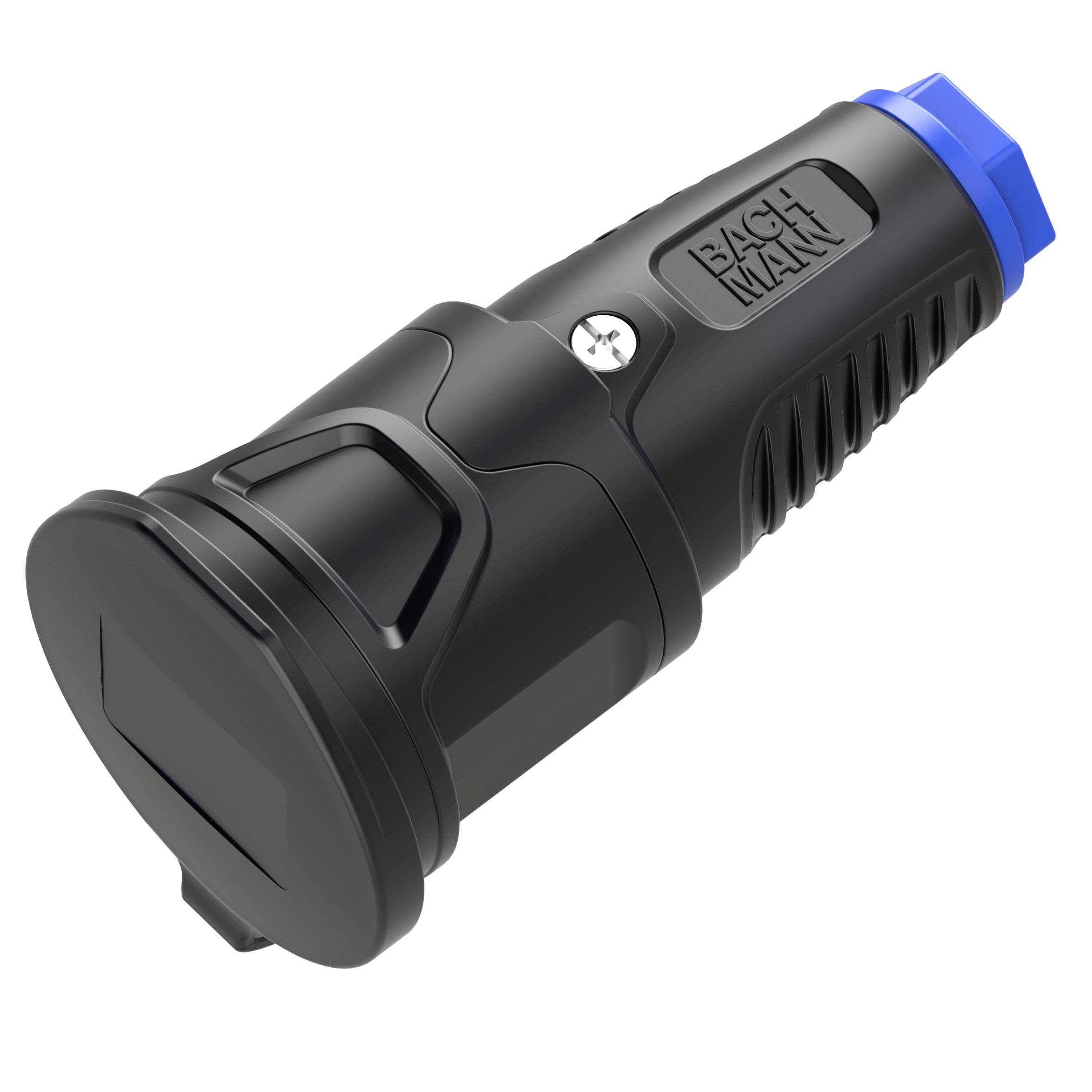 Black plastic electrical connector plug with blue end cap and 'BACHMANN' logo on a white background.