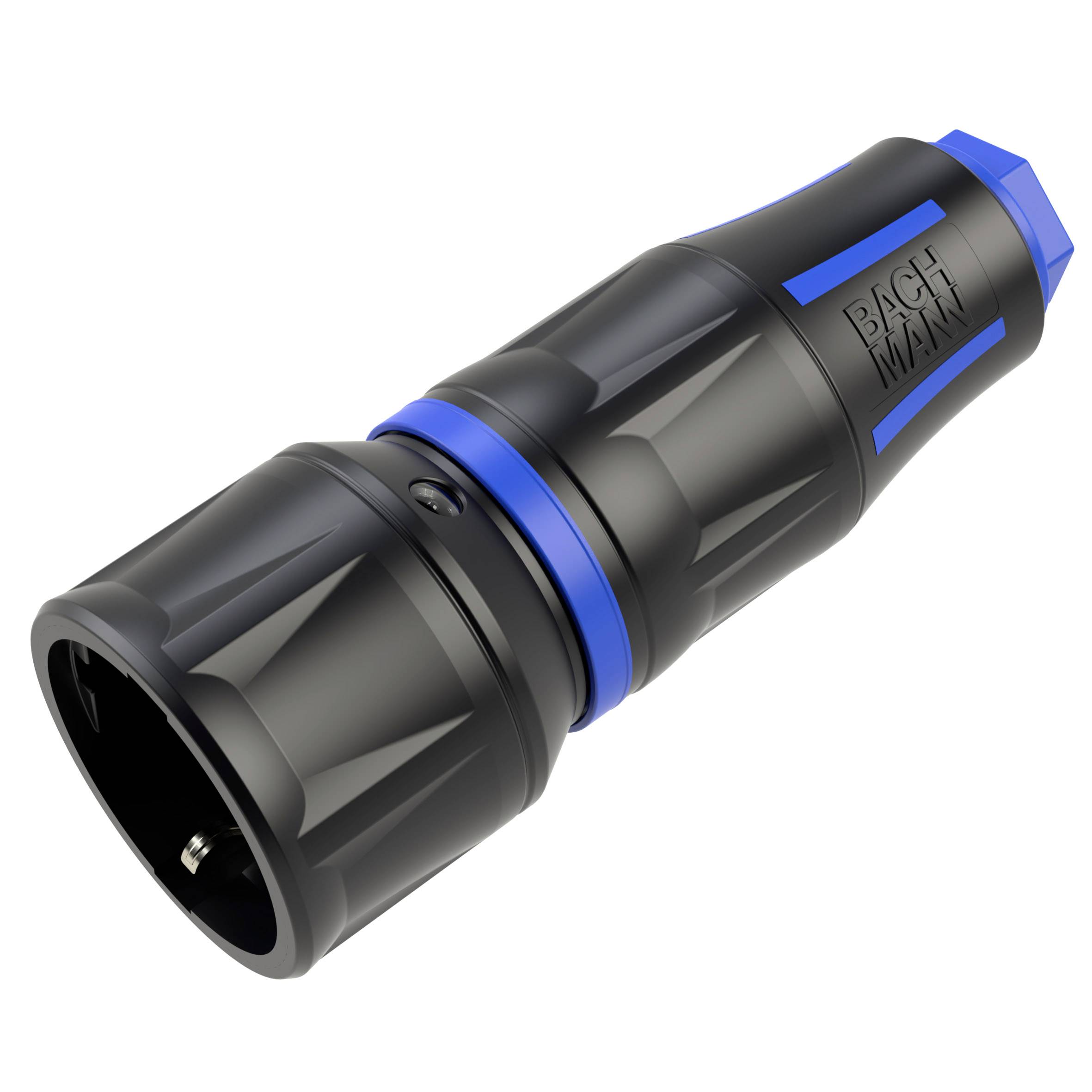 Black and blue industrial electrical plug connector, angled on a white background.