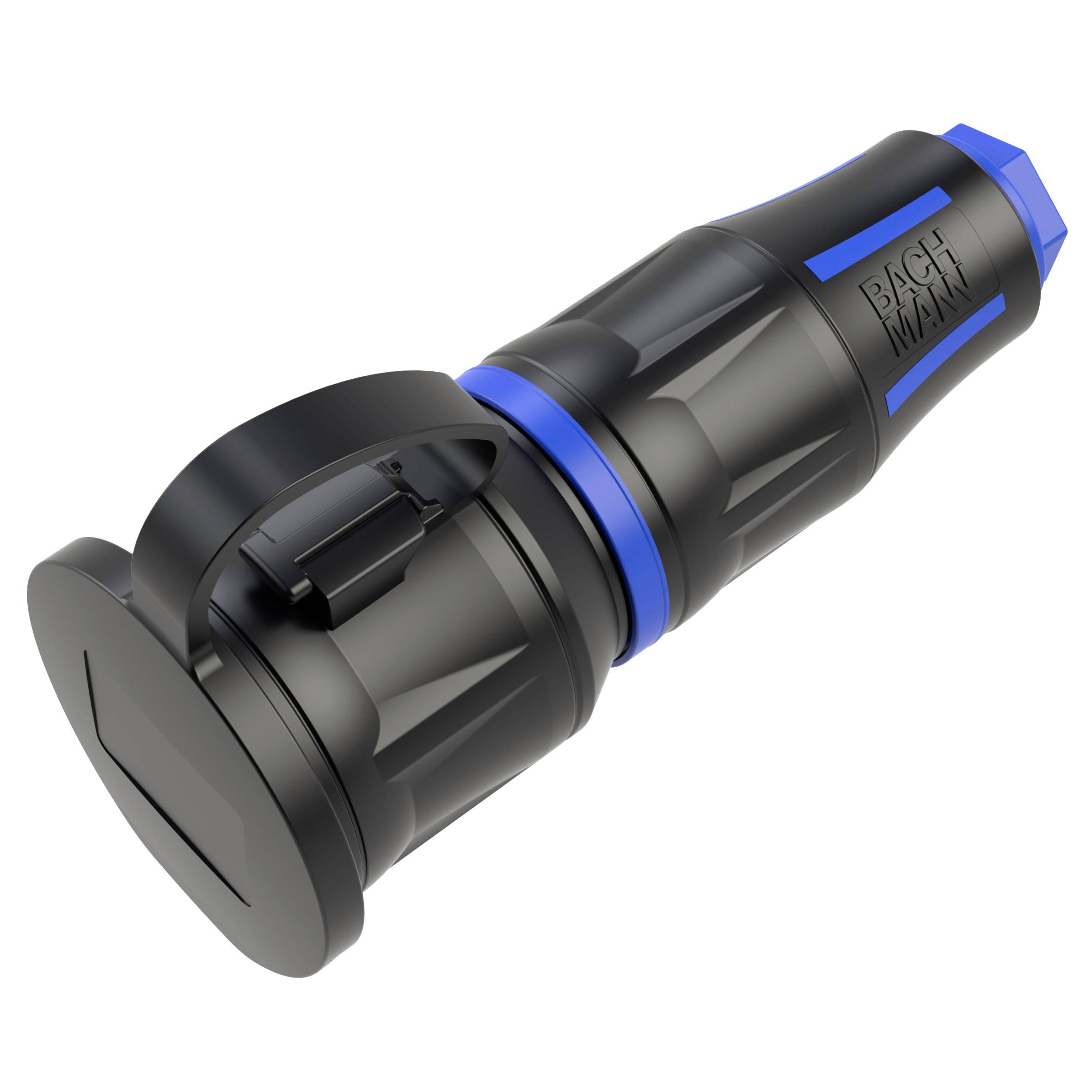 Black and blue plastic electrical plug adapter with 'BACHMANN' branding, shown on a white background.