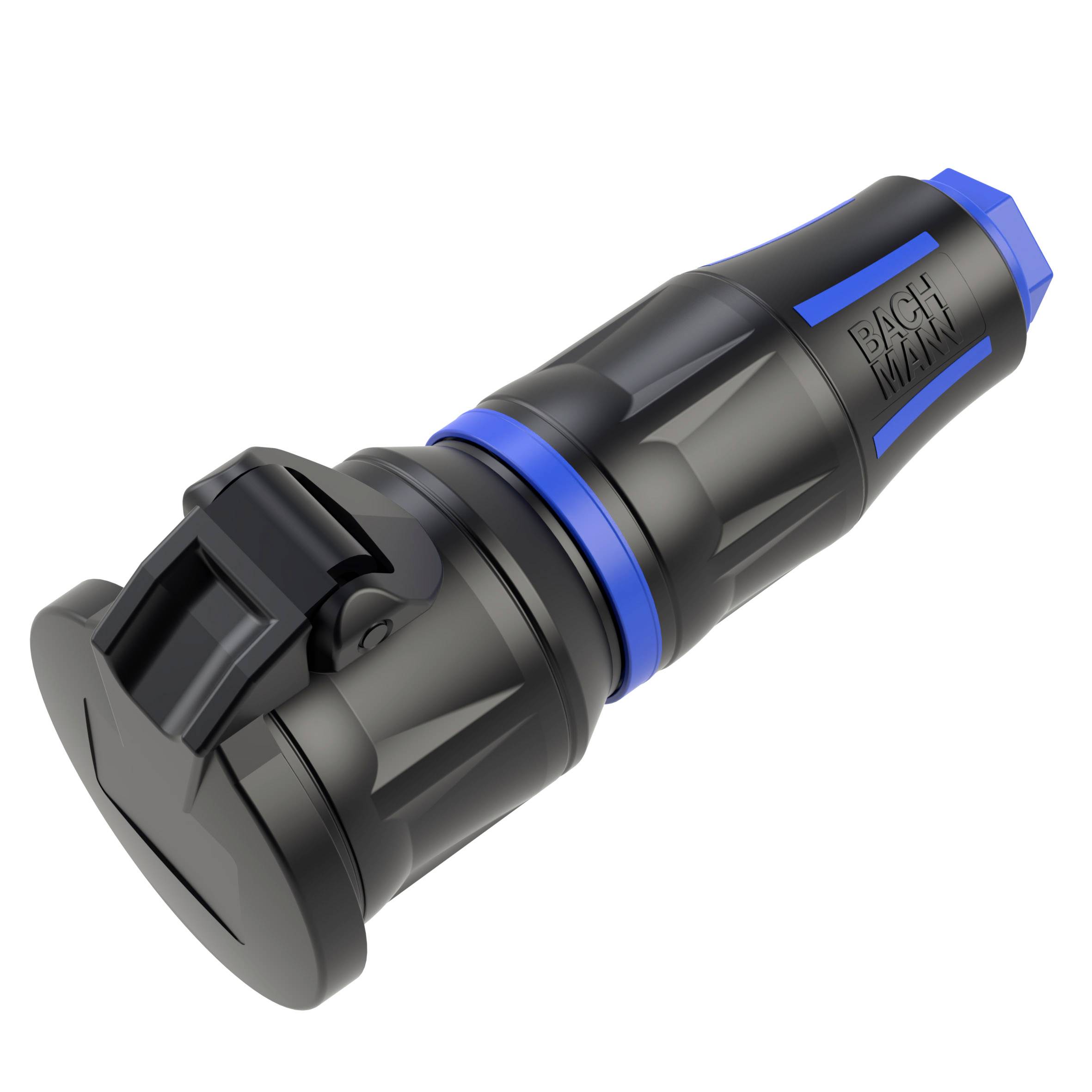 Black and blue industrial electrical plug connector on a white background, shown in angled close-up.