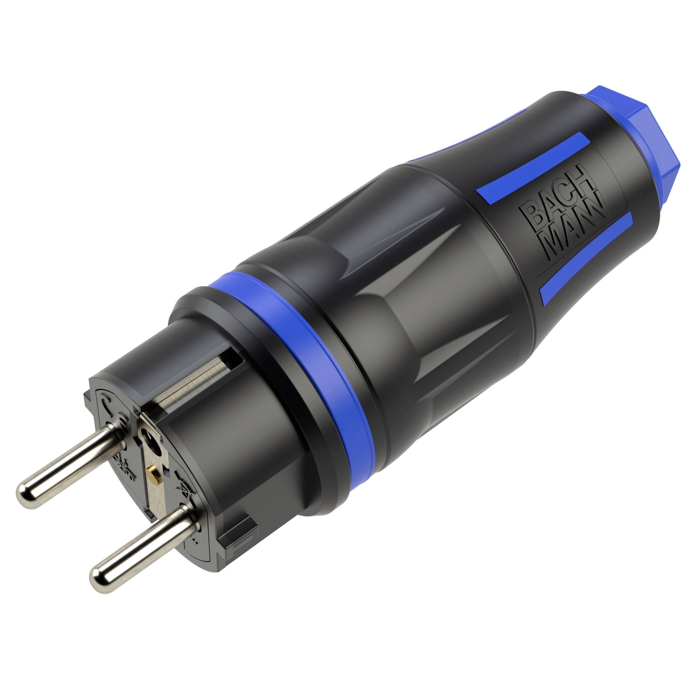 Black and blue electrical plug adapter with two round metal prongs, shown on a white background.