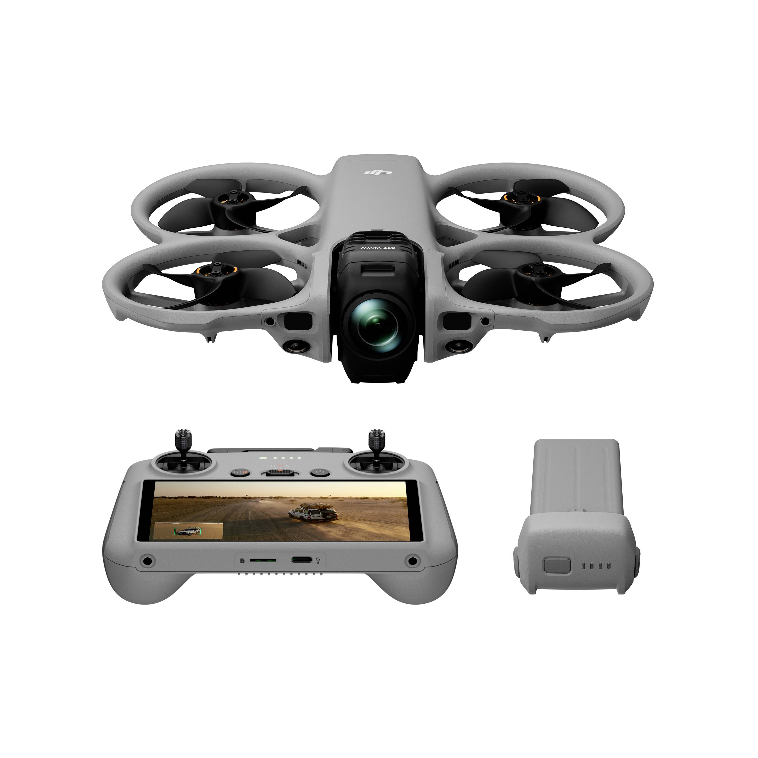 Drone quadcoptère gris avec caméra frontale, plus télécommande avec écran et pack batterie sur fond blanc.