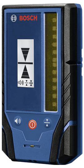 Blue Bosch measuring device with display, speaker and control buttons, shown front view on a white background.