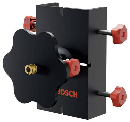Serre-joint mécanique Black Bosch ou dispositif de montage avec des boutons de réglage rouges et un raccord central en laiton sur fond blanc.