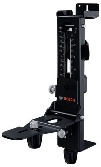 Support/montage réglable Bosch avec trépied, échelle verticale et boutons de blocage pour le positionnement d'un outil ou d'un instrument.