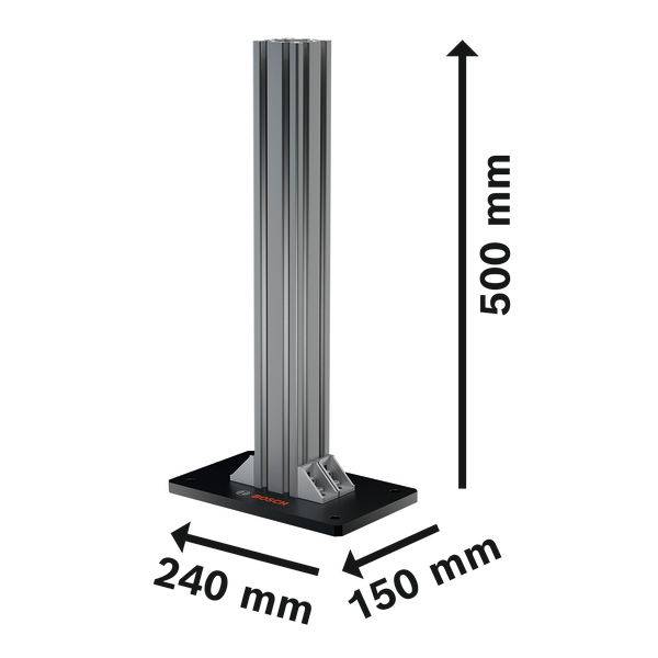 Grauer Metallpfosten auf schwarzer Basis, dargestellt mit einer Höhe von 500 mm und einer Grundfläche von 240 mm x 150 mm.