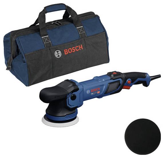 Ponceuse électrique Bosch avec sac de transport et plateau de ponçage sur fond blanc.