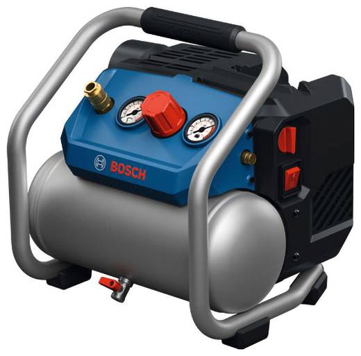 Bosch portable air compressor with handle, pressure gauges, red control knob, and metal tank.