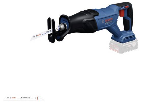 Cordless Bosch reciprocating saw cutting a white blade labeled 'Multi Material'