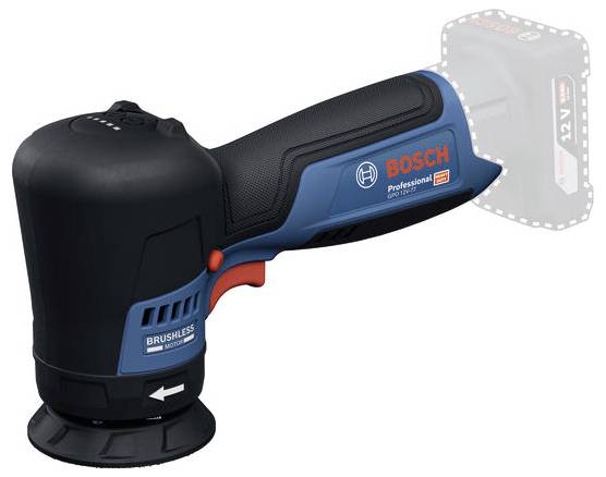 Meuleuse/polisseuse d'angle sans fil Bosch Professional avec moteur sans balais, présentée en vue latérale avec la zone de batterie en surbrillance grise.