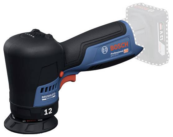 Bosch Professional cordless power tool with a black and blue body and round sanding pad, shown with a faint translucent outline of the battery pack position.
