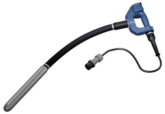 Vibrateur portatif bleu avec sonde métallique longue et tuyau flexible, utilisé pour le compactage du béton ou l'élimination de l'air.
