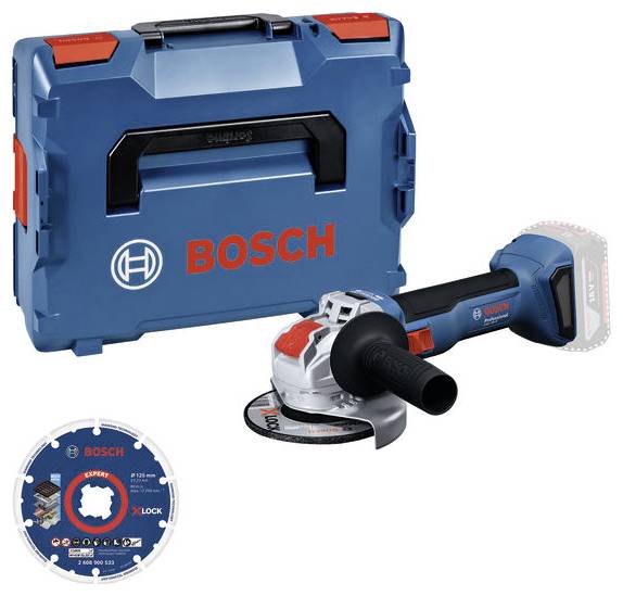 Meuleuse angulaire sans fil Bosch avec batterie, mallette de transport et disque de coupe présentés sur fond blanc.