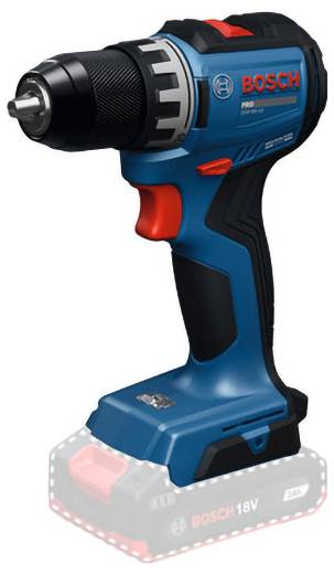Bosch cordless drill/driver shown on a white background, with the battery pack ghosted below the handle to indicate compatible 18V power tool system.