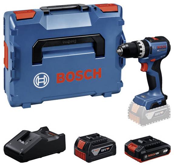 Bosch cordless drill kit with carrying case, charger, and two 18V batteries displayed on a white background.