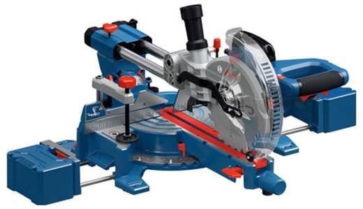 A compound miter saw with blue base and red controls, showing the blade, motor, and adjustable cutting arms used for angled wood cutting.