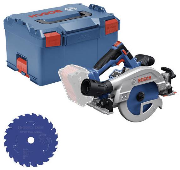 Scie circulaire sans fil Bosch avec étui de transport bleu et lame de scie séparée, présentée comme image de produit sur fond blanc.