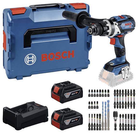 Kit perceuse sans fil Bosch avec mallette rigide, deux batteries 18V, chargeur et assortiment de forets et embouts de tournevis.