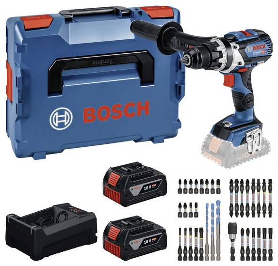 Kit de perceuse sans fil Bosch avec mallette de transport, deux batteries 18V, chargeur et assortiment de forets et embouts de tournevis.