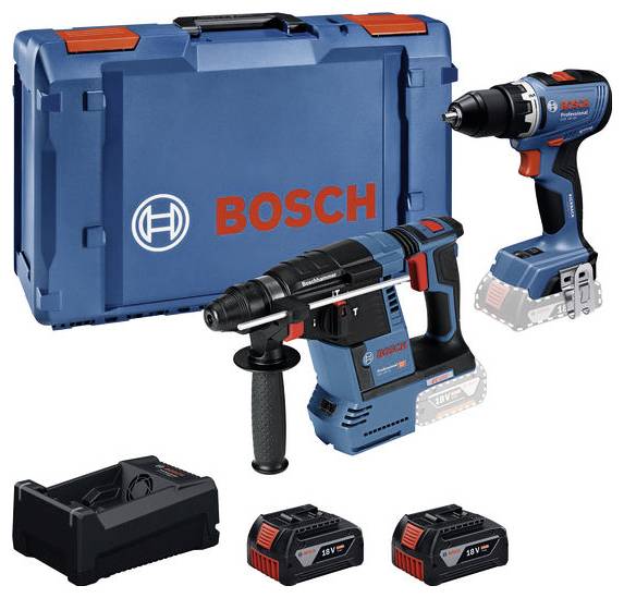 Kit d'outils sans fil Bosch avec mallette rigide, perceuse, perceuse-burin, chargeur et deux batteries 18V sur fond blanc.