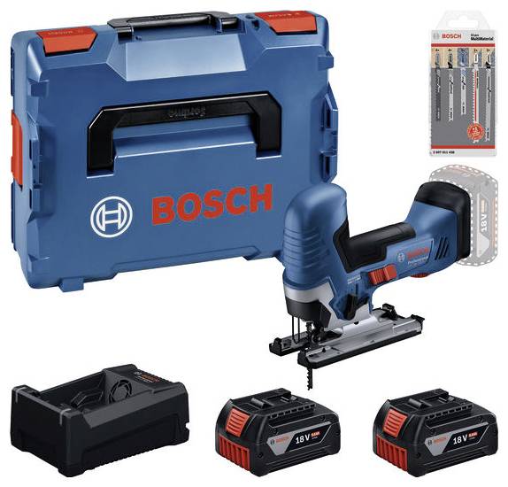 Kit de scie sauteuse sans fil Bosch avec étui de transport bleu, deux batteries 18V, chargeur et assortiment de lames présentés sur fond blanc.