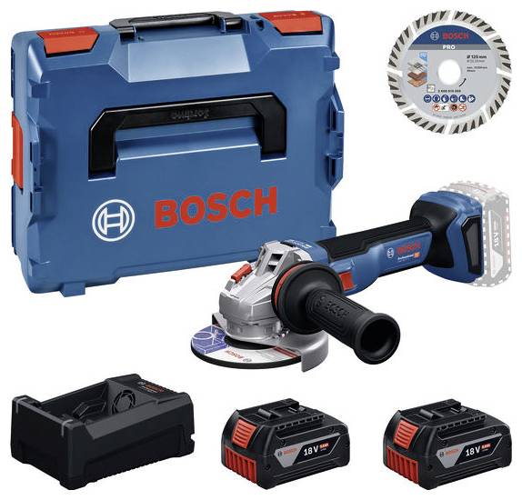 Kit de meuleuse d'angle sans fil Bosch avec étui de transport, disque de meulage, chargeur et deux batteries 18V affichés sur fond blanc.