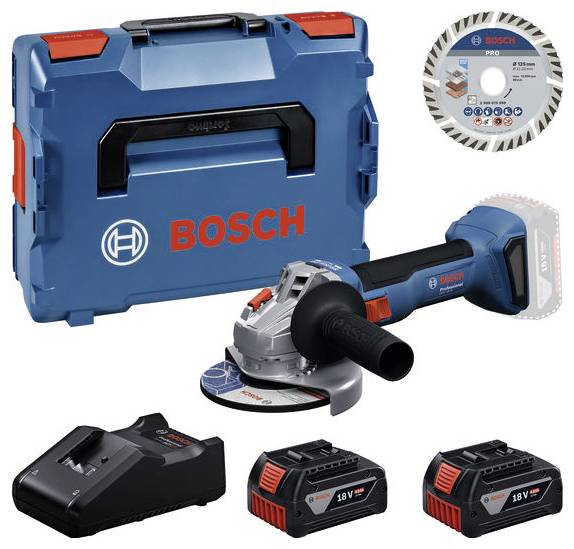 Kit de meuleuse angulaire sans fil Bosch avec mallette rigide, disque de coupe, chargeur et deux batteries 18V.