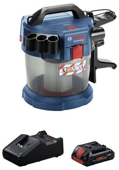 Bosch cordless dust extractor with handle and hose port, shown with charger and ProCORE battery pack.