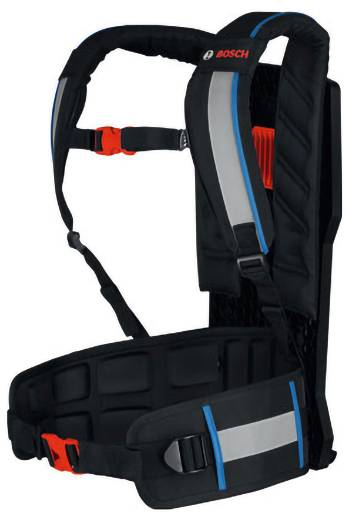 Bosch gepolsterter Werkzeug-Rucksackharnisch mit Schultergurten, Hüftgurt und verstellbarem Brustgurt zum komfortablen Tragen von Ausrüstung.