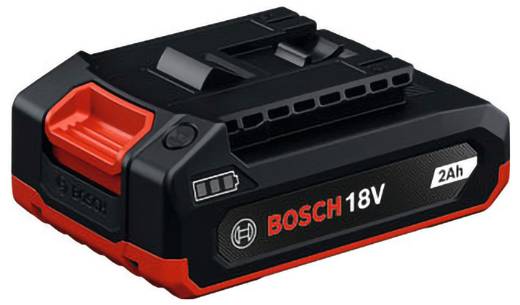 Black Bosch 18V 2Ah rechargeable battery pack with charge indicator and red side latch