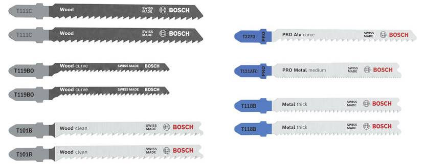 Comparison image of Bosch jigsaw blades, showing labeled blade types for wood and metal: T111C, T119BO, T101B, T144D, and T118A/T118B with corresponding uses.