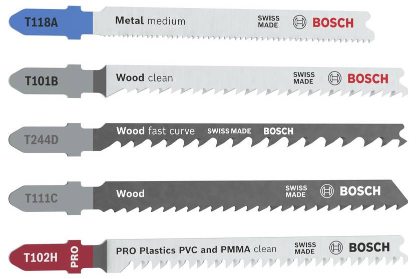 Fünf Bosch-Stichsägeblätter mit den Bezeichnungen T118A, T101B, T244D, T111C und T102H, jeweils mit einer unterschiedlichen Schnittanwendung: Metall, Holz, schnelle Kurve und Kunststoffe.