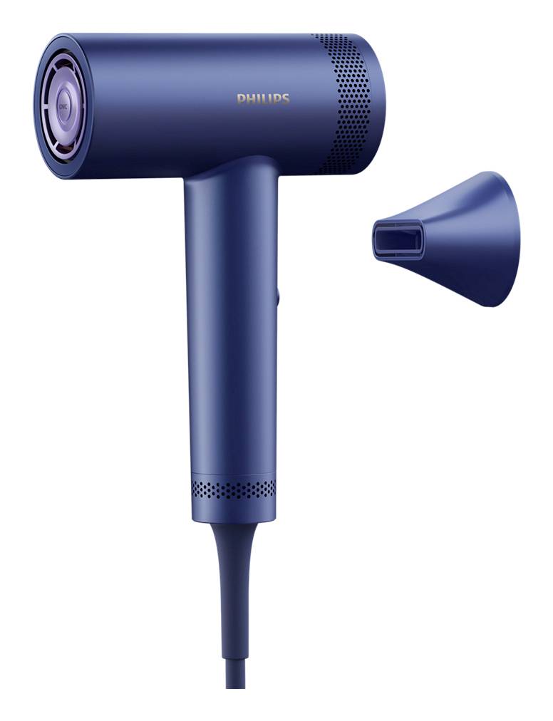 Sèche-cheveux Philips bleu avec embout de buse amovible montré à côté sur un fond blanc.