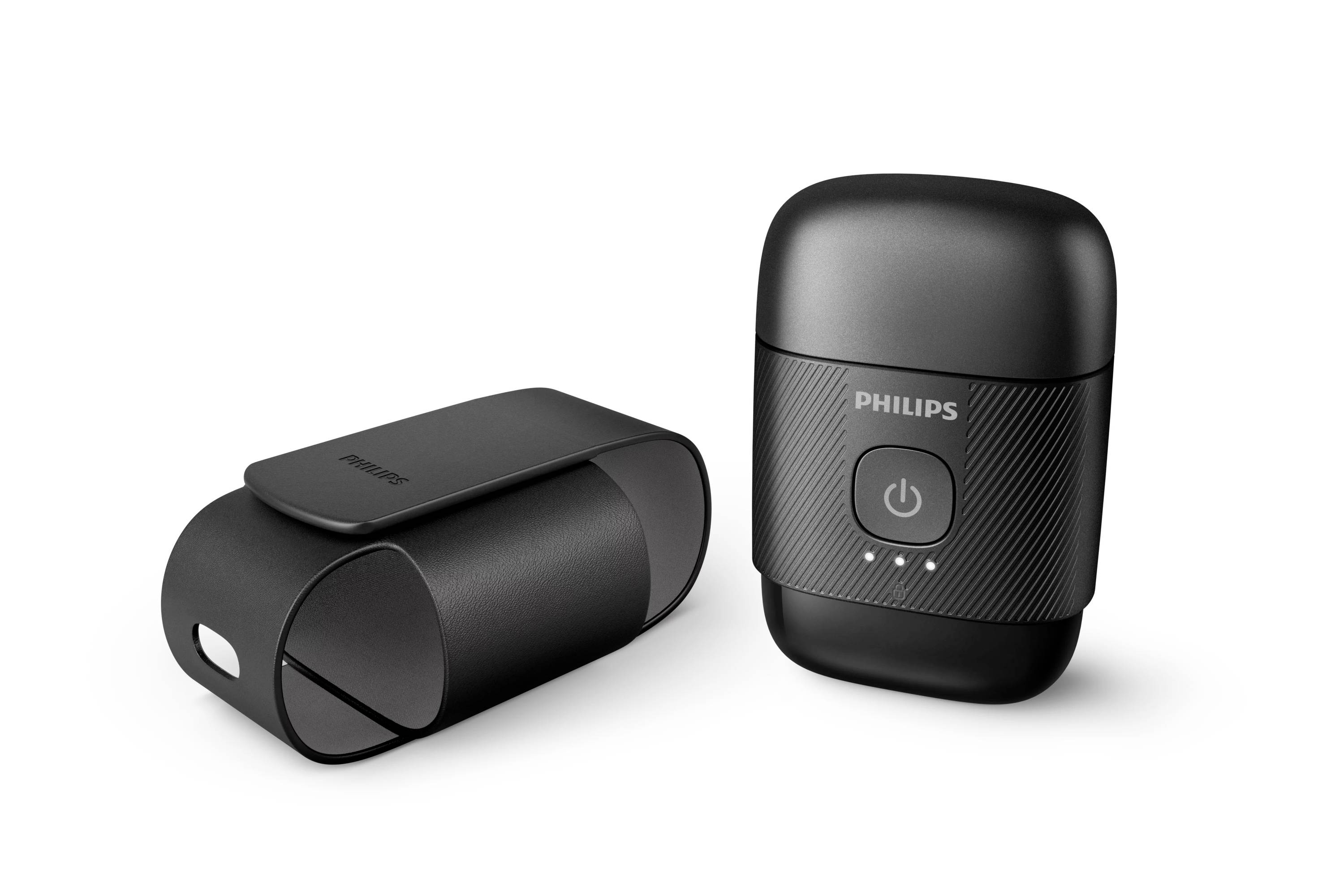 Deux appareils portables noirs Philips sur un fond blanc, l'un dressé avec bouton d'alimentation et voyants lumineux, l'autre couché sur le côté.