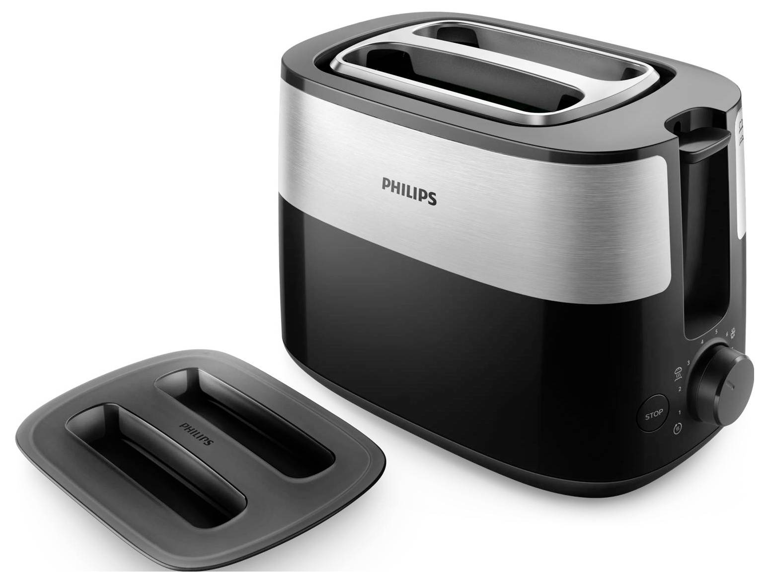 Grille-pain Philips deux fentes en noir et acier inoxydable avec plateau à miettes assorti, présenté sur un fond blanc.